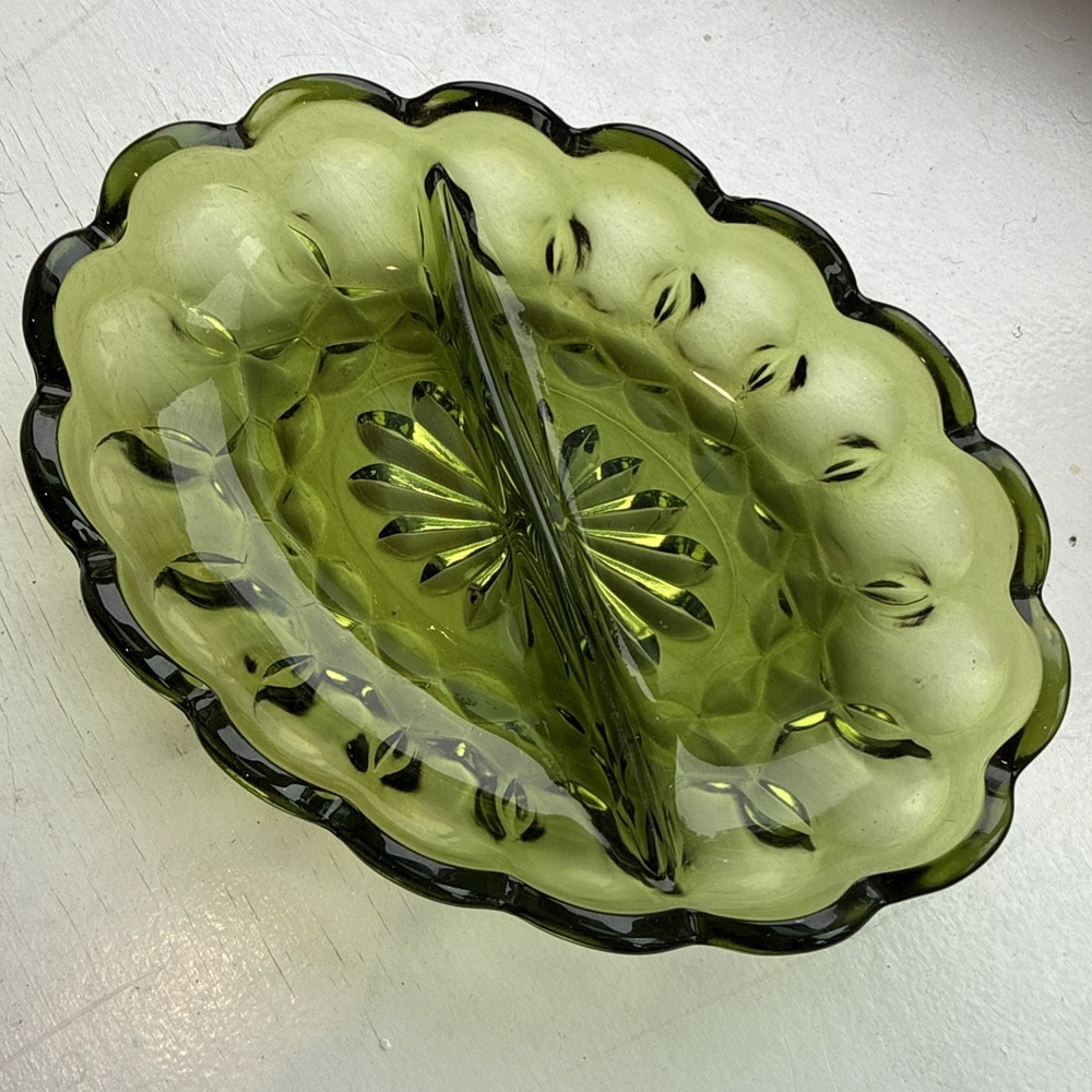 Vintage Anchor Hocking Oval Relish Dish Avocado Green Divided Candy 1970s